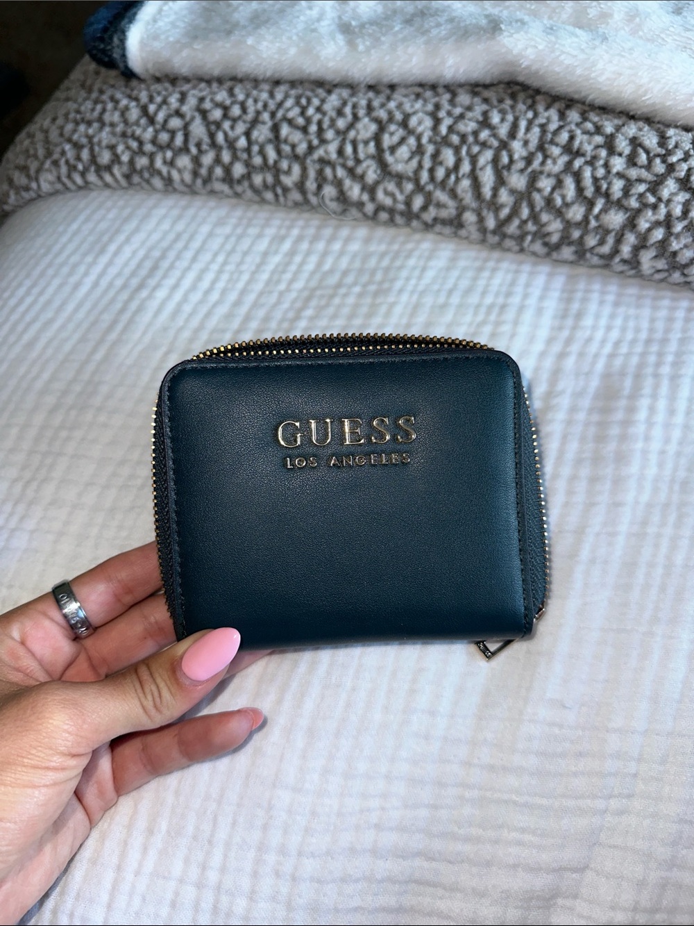 GUESS Black Compact Zip Wallet with Gold Logo